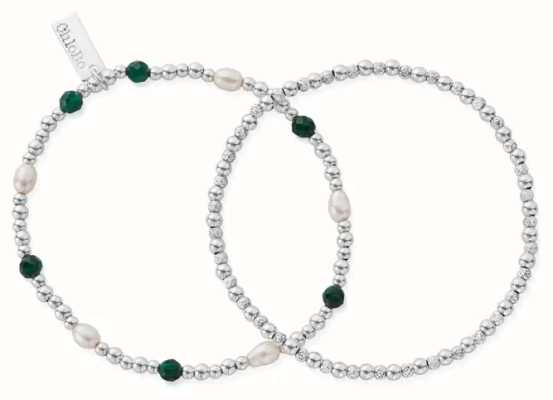 ChloBo Pearl and Malachite MAGICAL BEAUTY Set of 2 Bracelets - 925 Sterling Silver SBSETMRP