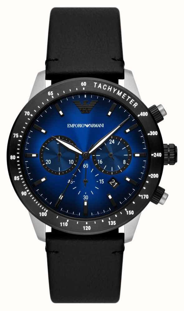 Emporio Armani Men\'s | Blue Chronograph Dial | Black Leather Strap AR11522  - First Class Watches™ SGP