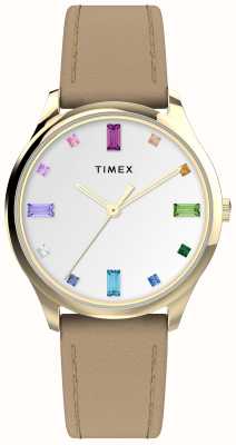 Timex Women's Main Street White Rainbow Crystal Dial Brown Leather Strap TW2V76300