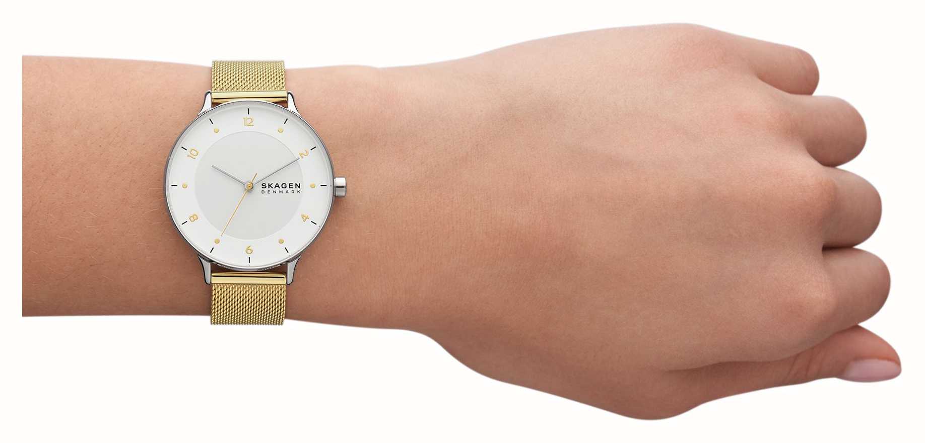 Skagen Riis (36mm) White Dial / Gold-Tone Steel Mesh Bracelet