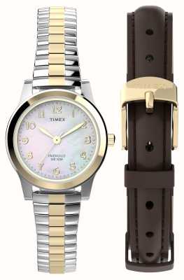 Timex Women's Gift Set (25mm) Mother-of-Pearl Dial / Two-Tone Stainless Steel and Brown Leather Strap Set TWG063400