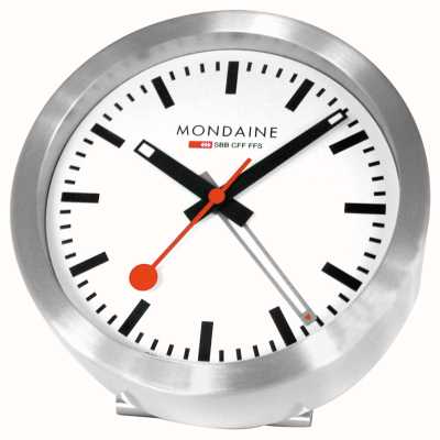 Mondaine SBB Mini Alarm Clock With Sweeping Second Hand (12.5cm) White Dial / Silver-Tone Aluminium Case A997.MCAL.16SBB.1