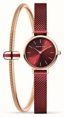 Bering Classic Rose Gold Bracelet Gift Set (22mm) Red Sunray Dial / Red PVD Stainless Steel Mesh 11022-363-LOVELY-5-GWP190