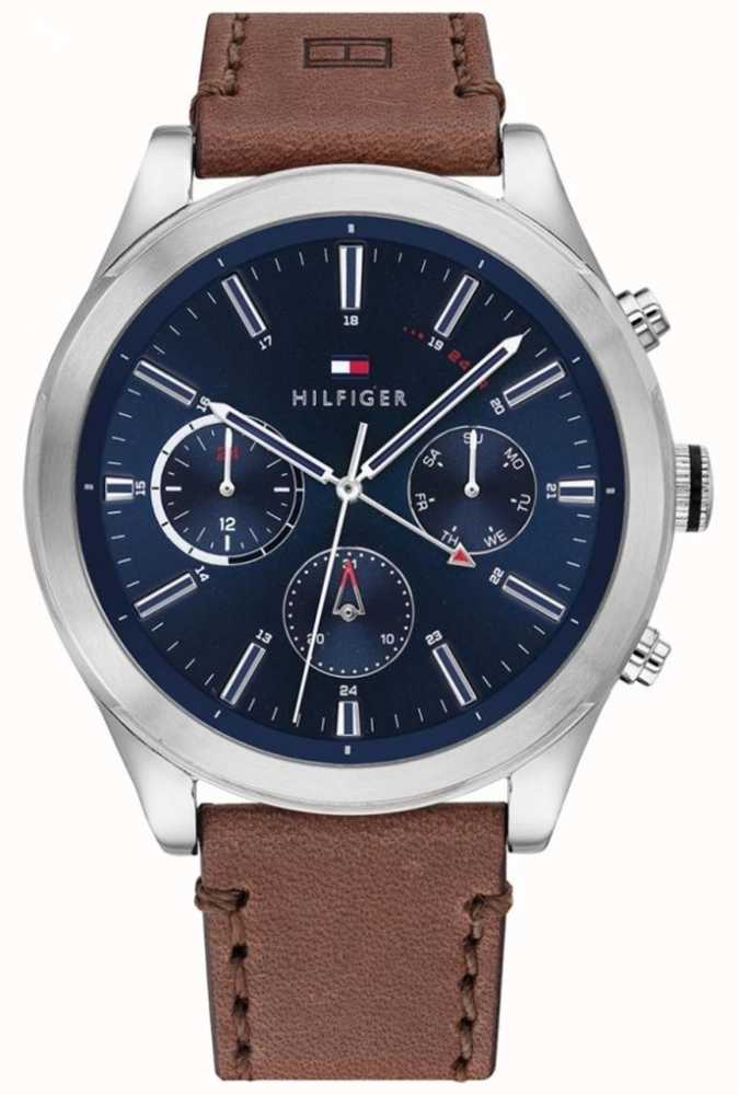 tommy hilfiger men's blue dial brown leather strap watch