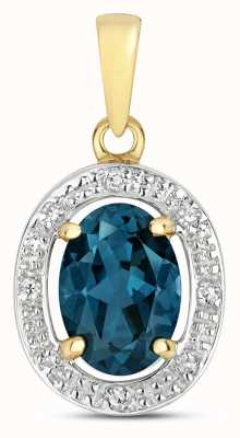 James Moore TH 9k Gold Diamond & London Blue Topaz Halo Pendant PD251LB