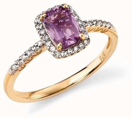 Elements Gold 9ct Yellow Gold Diamond And Amethyst Cushion Ring Size EU 54 (UK N) GR281M 54