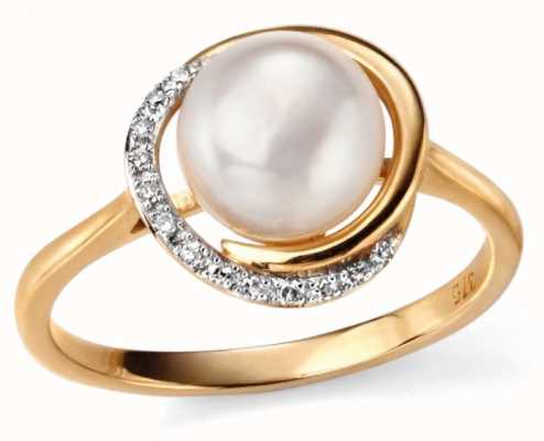 Elements Gold 9ct Yellow Gold Diamond And  Pearl Ring Size EU 54 (UK N) GR503W 54