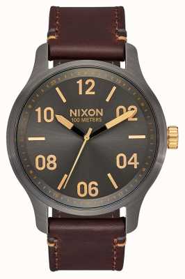 Nixon Patrol Leather | Gunmetal / Gold | Brown Leather Strap | Gunmetal Dial A1243-595-00