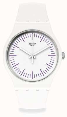 Swatch WHITENPURPLE | White & Purple Silicone Strap | White Dial | Purple Markers SUOW173