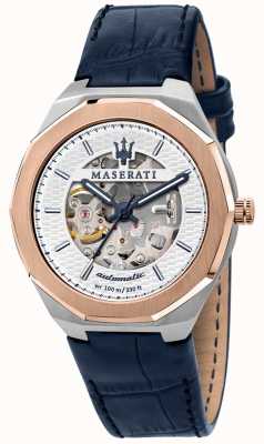 Maserati Men's Stile Automatic | Blue Leather Strap | Silver Skeleton Dial R8821142001