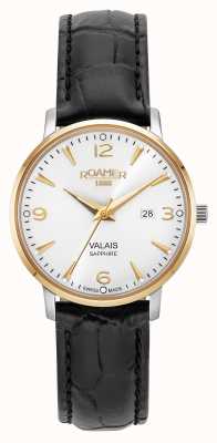 Roamer Valais Ladies Silver Dial With Yellow Gold Batons Black Leather Strap 958844 47 14 05