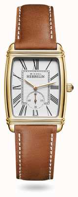 Michel Herbelin Art Deco Watch Brown Leather Strap White Dial 10638/P08GO