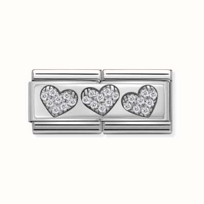 Nomination Composable Classic DOUBLE RICH Steel Cub Zircon And Silver 925 3 Hearts 330732/02