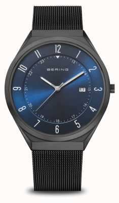 Bering Ultra Slim | Blue Sunray Dial With Date Window | Black Milanese Strap | Polished / Brushed Black Stainless Steel Case 18740-227