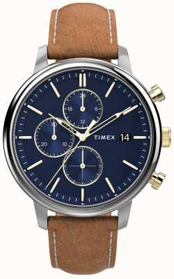 Timex Chicago Chrono 45mm Silver-tone Case Blue Dial Brown Leather Strap TW2U39000