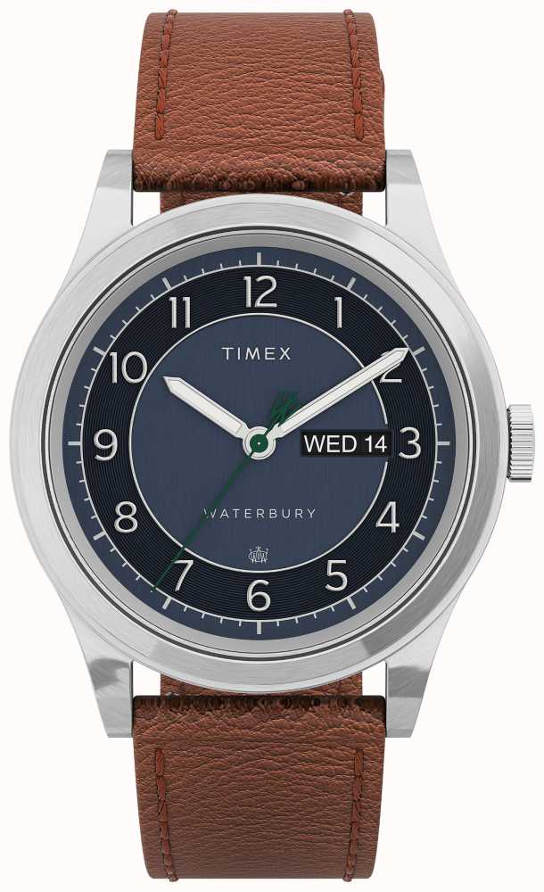 Timex Waterbury Traditional Day Date39mm SST Blue Dial Carmel Strap  TW2U90400 - First Class Watches™ SGP