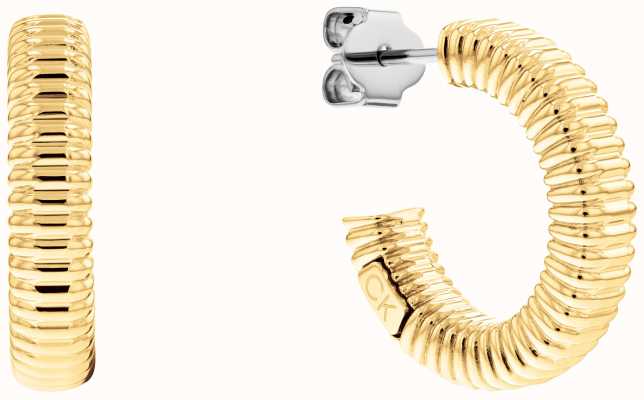 Calvin Klein Ladies Gold Tone Ribbed Texture Open Hoop Earrings 35000032