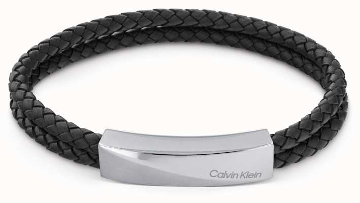 Calvin Klein Mens Black Leather and Stainless Steel Double Bracelet 35000097