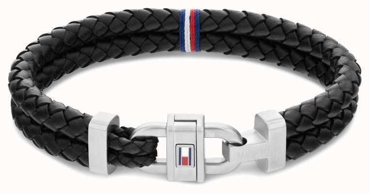Tommy Hilfiger Carabiner Black Braided Leather Bracelet 2790361
