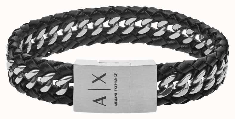 Armani Exchange Black Leather and Stainless Steel Woven Bracelet AXG0043040