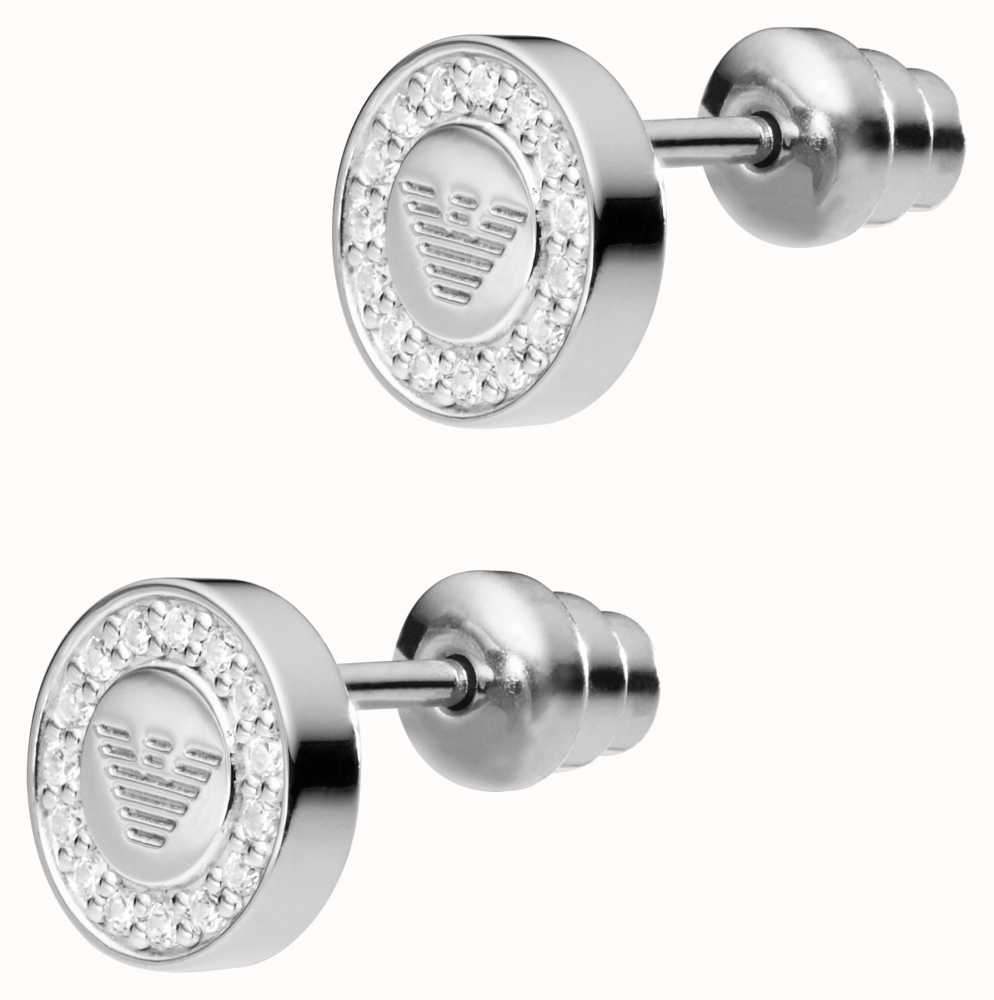 Emporio Armani Round Crystal Set Eagle Logo Stud Earrings