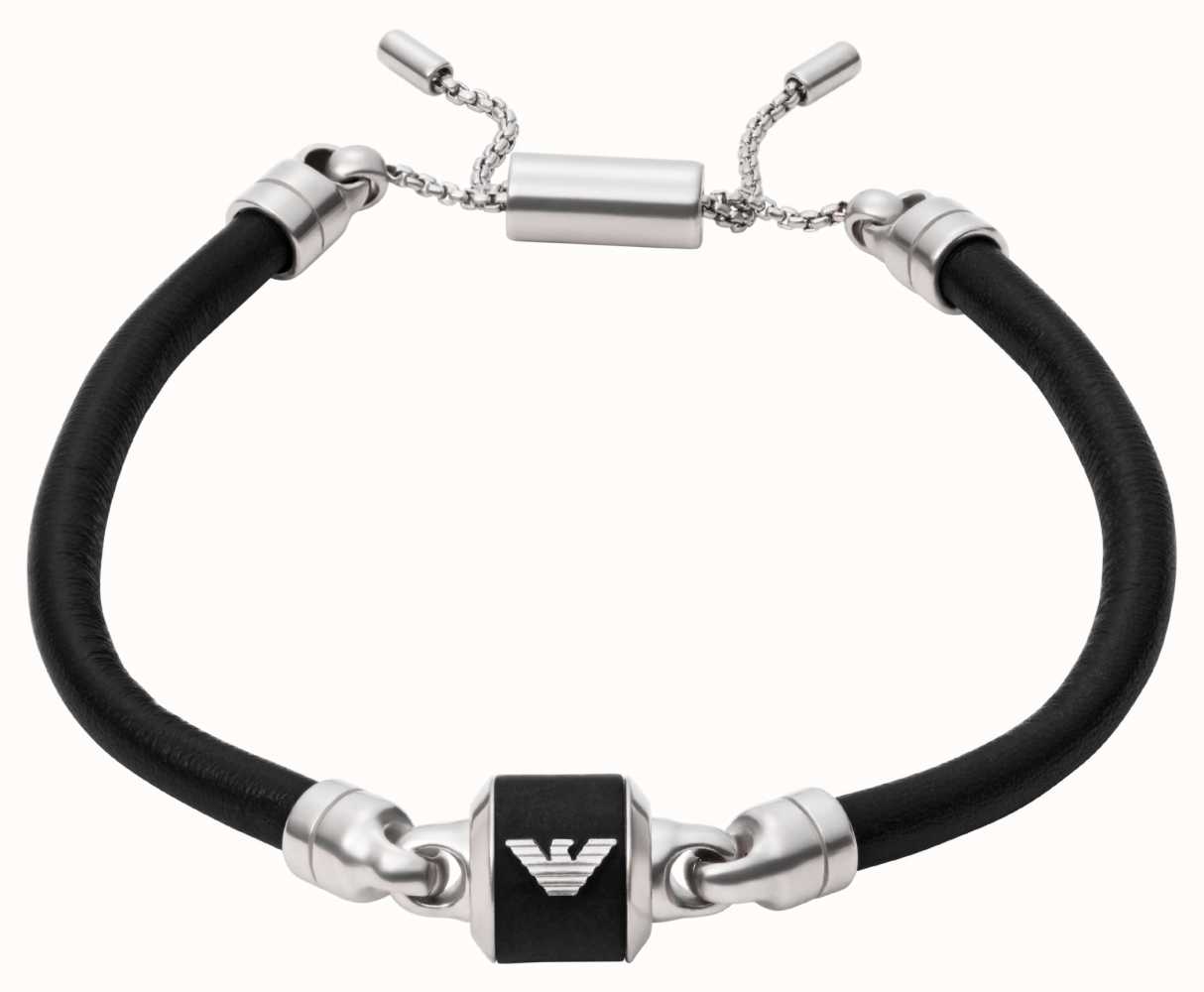 Emporio Armani Men's Black Leather And Stainless Steel Bracelet
