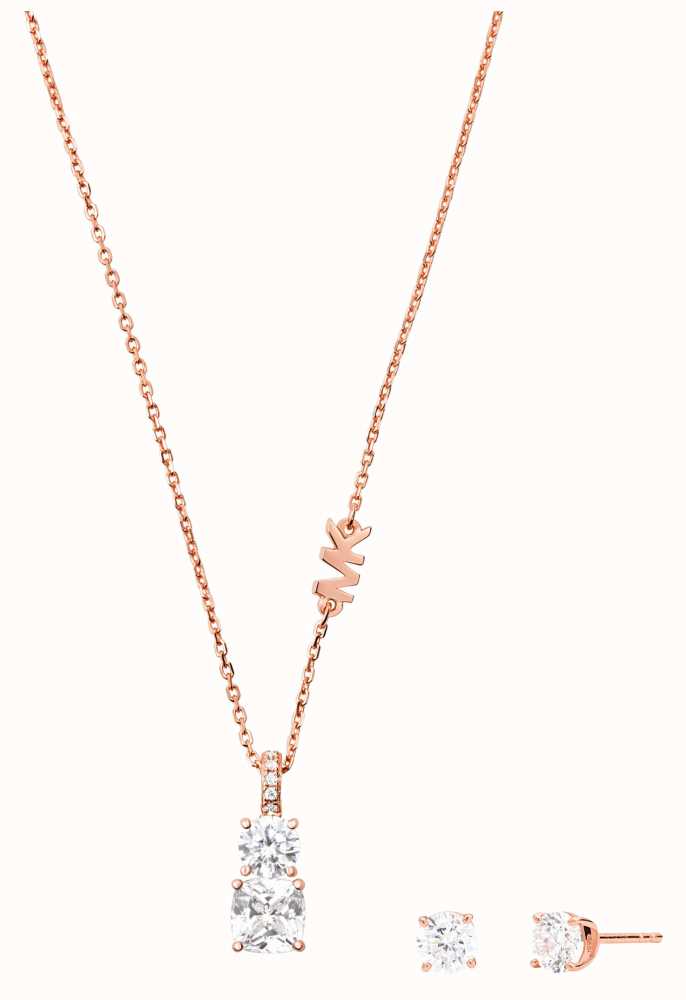 Michael Kors Rose Gold-Plated MK Necklace And CZ Stud Earrings Set